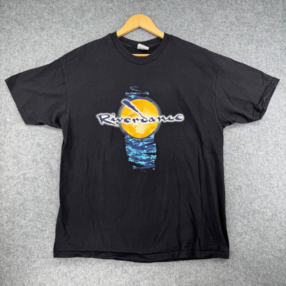 Vintage Hanes Riverdance T-Shirt Mens XL Black Graphic Irish Dance Double Sided